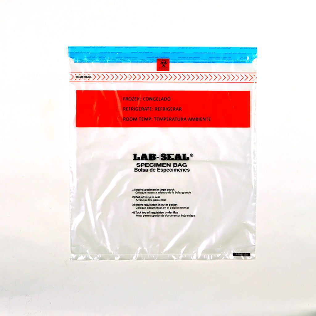 15" x 17" Clear Tamper Evident, Spanish Print, Zipper, Removable Biohazard Symbol, Lab Seal® 1.8 mil LDPE Specimen Bags