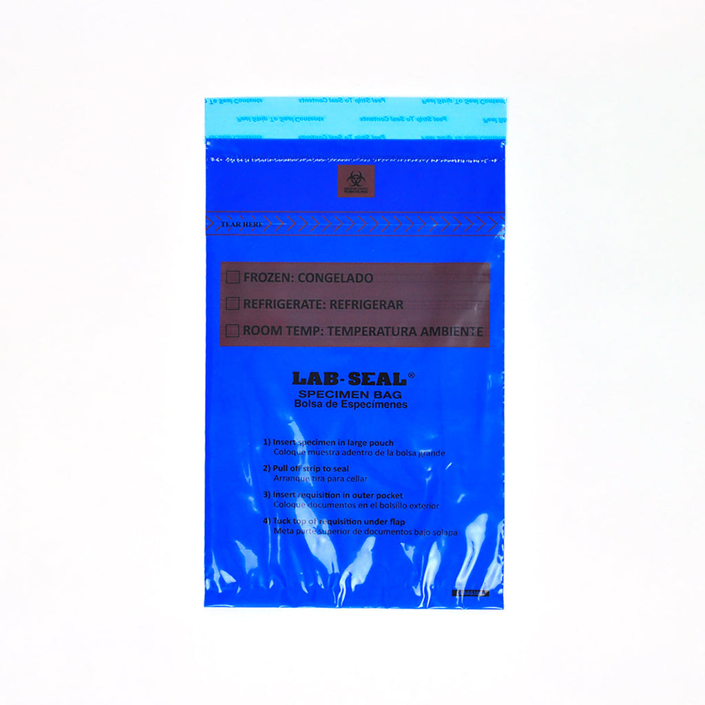 6" x 10" Blue Tamper Evident, Spanish Print, Zipper, Removable Biohazard Symbol, Lab Seal® 1.8 mil LDPE Specimen Bags