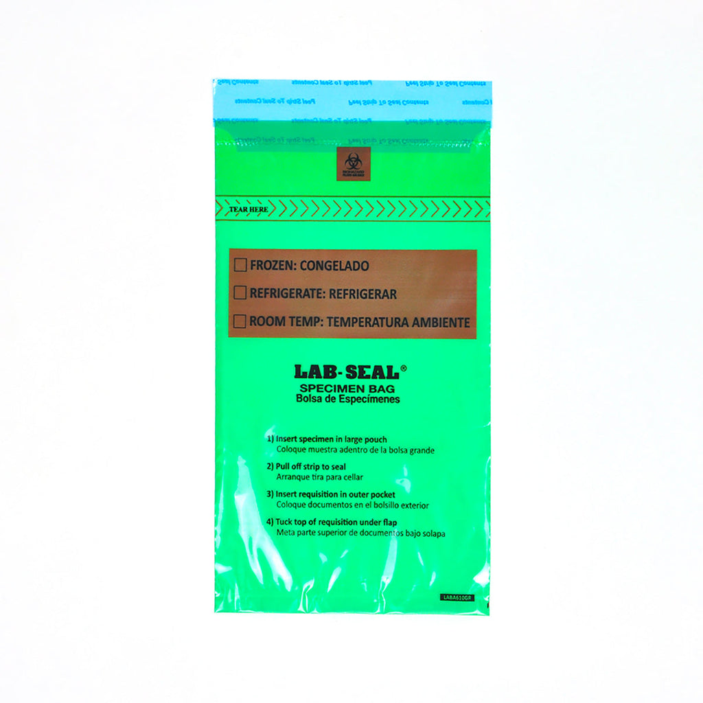 6" x 10" Green Tamper Evident, Spanish Print, Zipper, Removable Biohazard Symbol, Lab Seal® 1.8 mil LDPE Specimen Bags