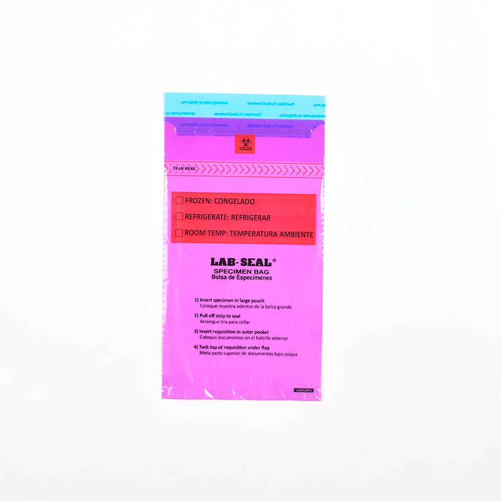 6" x 10" Purple Tamper Evident, Spanish Print, Zipper, Removable Biohazard Symbol, Lab Seal® 1.8 mil LDPE Specimen Bags