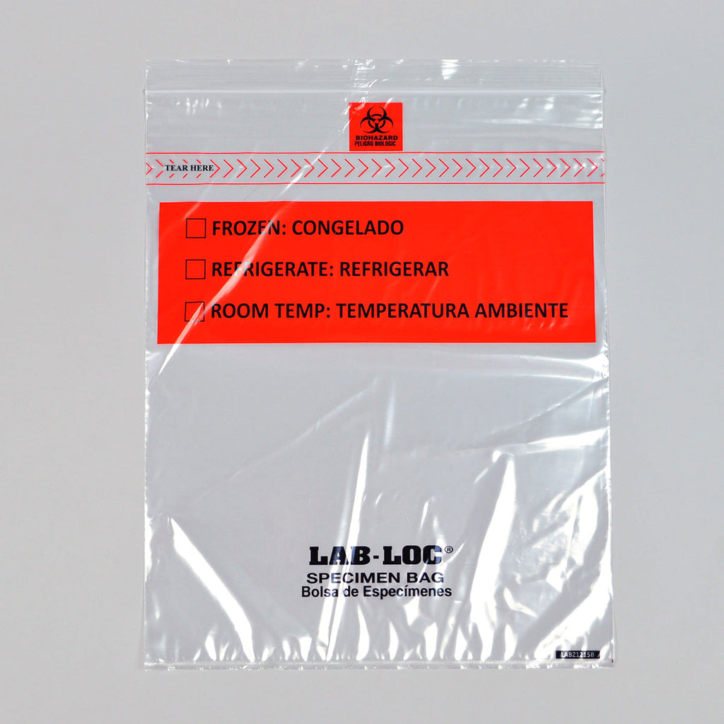 12" x 15" Clear Spanish Print, Zipper, removable Biohazard Symbol, Lab-Loc® 2 mil LDPE Specimen Bags