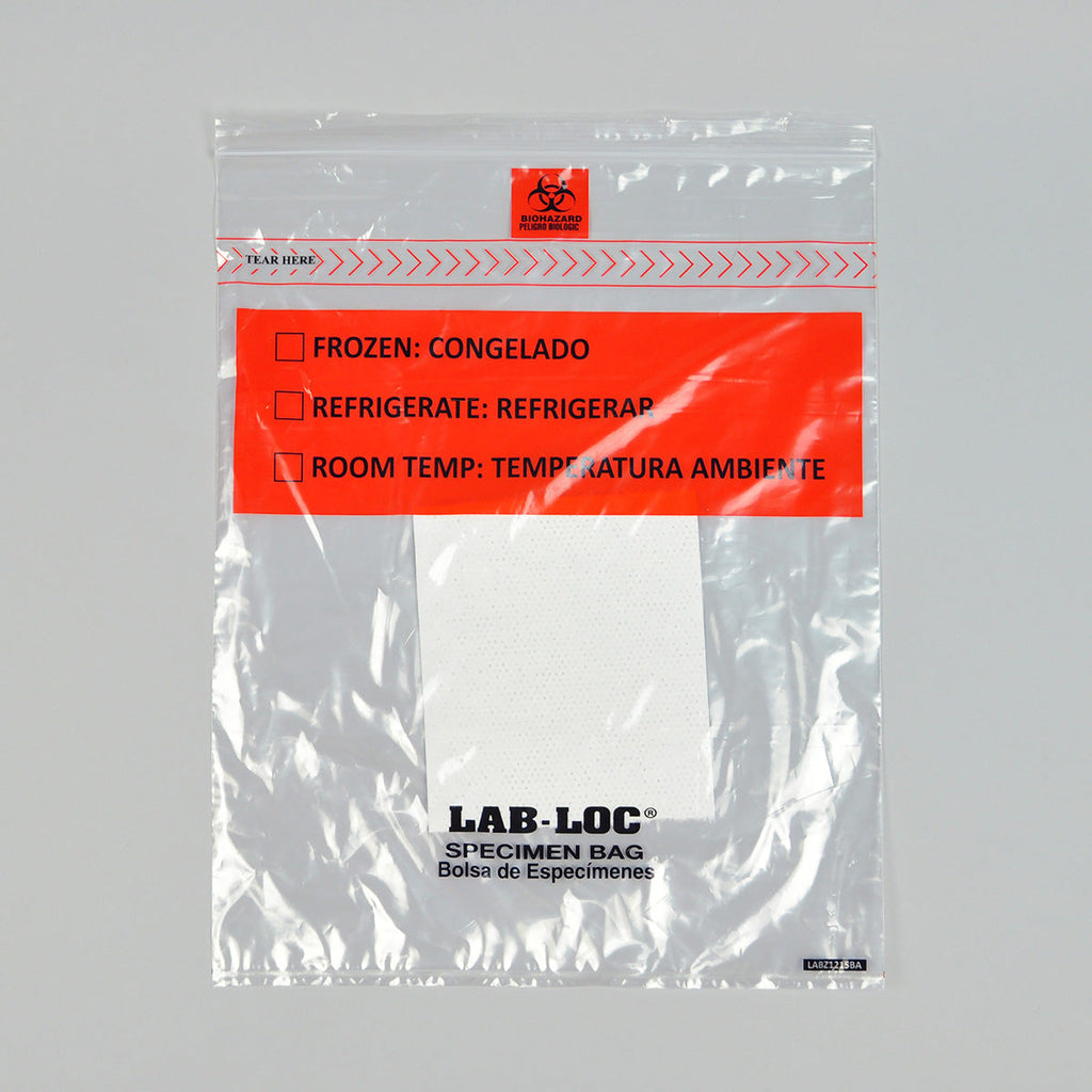 12" x 15" Clear Absorbent Pad, Spanish Print, Zipper, removable Biohazard Symbol, Lab-Loc® 1.75 mil LDPE Specimen Bags