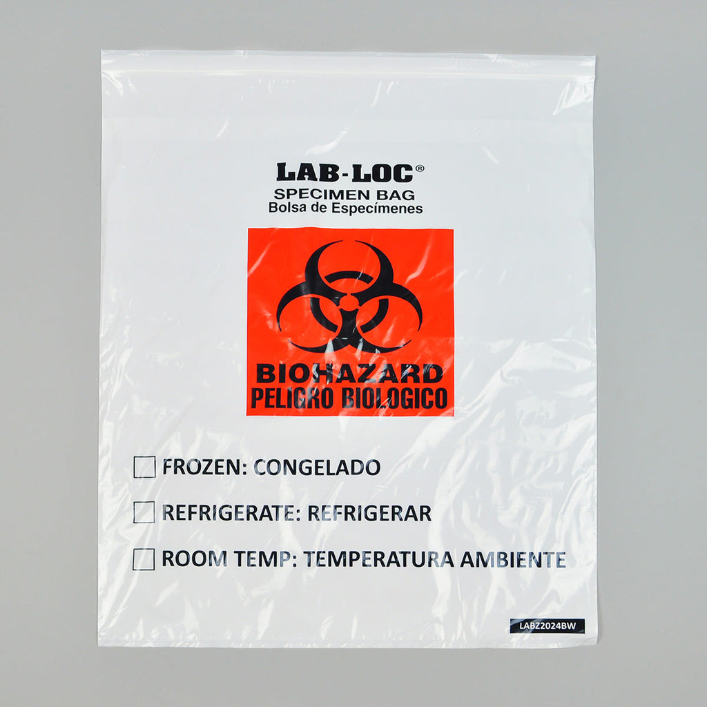 20" x 24" White Spanish Print, Zipper, Biohazard 2 mil Specimen Bags