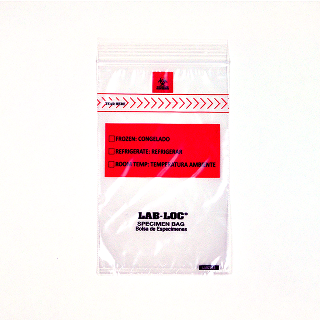 4" x 6" Clear Spanish Print, Zipper, removable Biohazard Symbol, Lab-Loc® 1.75 mil LDPE Specimen Bags
