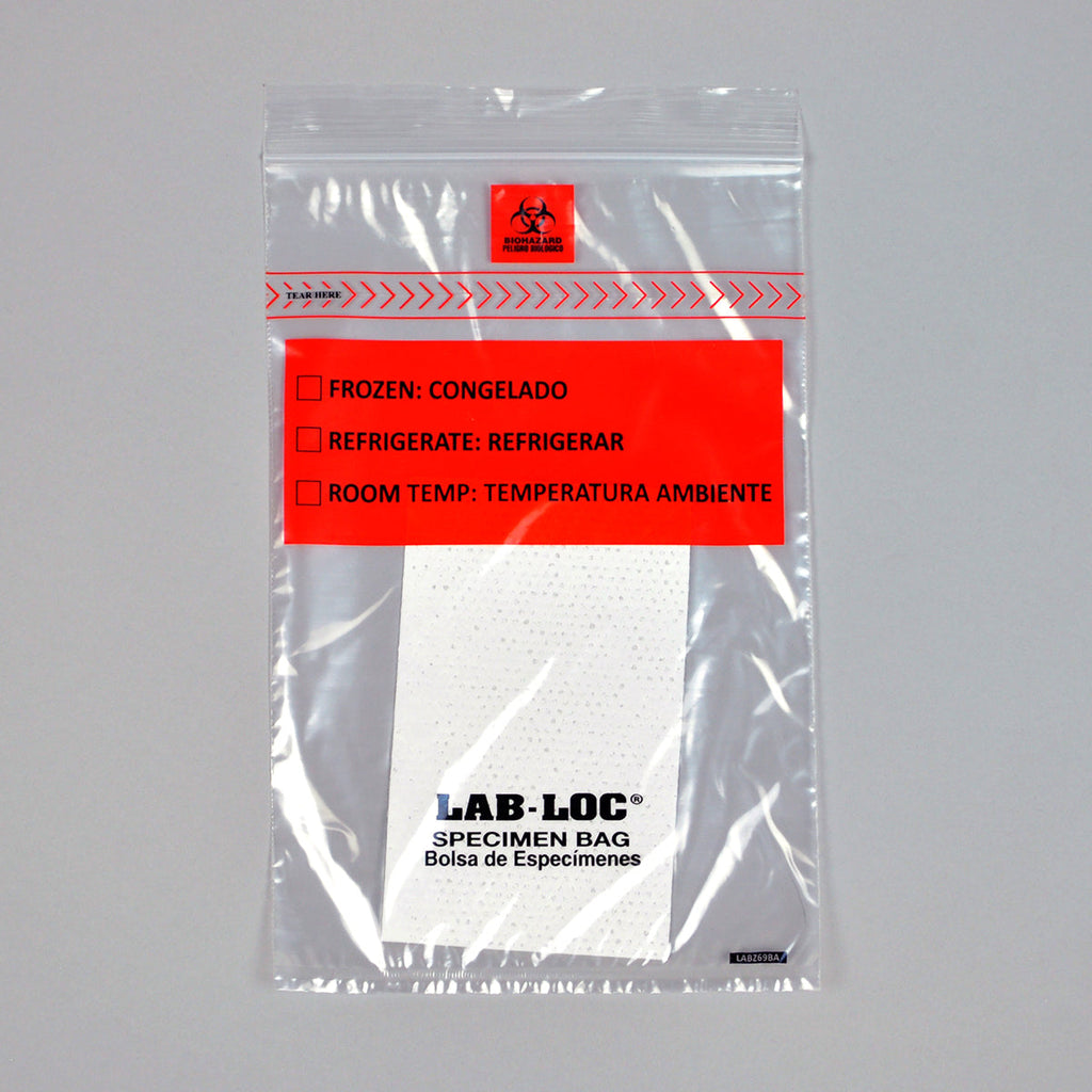 6" x 9" Clear Absorbent Pad, Spanish Print, Zipper, removable Biohazard Symbol, Lab-Loc® 1.75 mil LDPE Specimen Bags