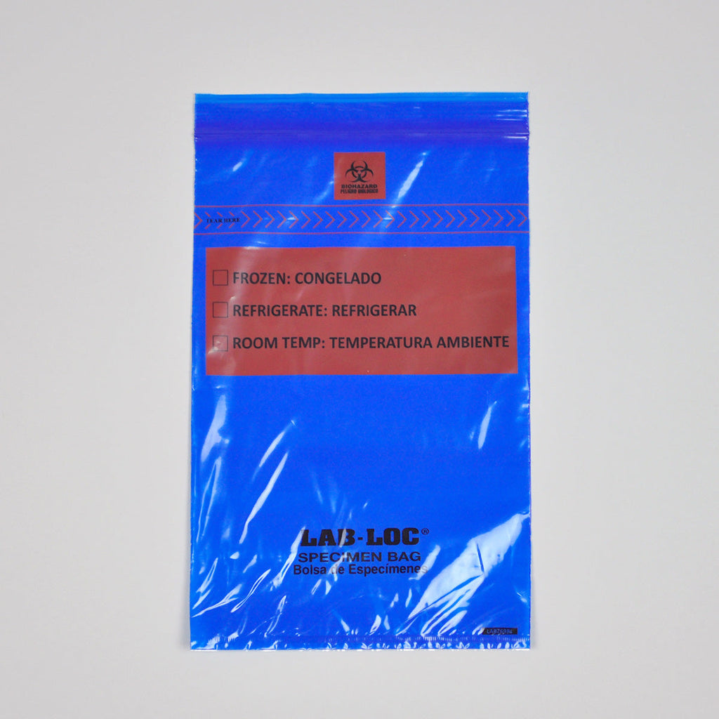 6" x 9" Blue Spanish Print, Zipper, removable Biohazard Symbol, Lab-Loc® 1.75 mil LDPE Specimen Bags