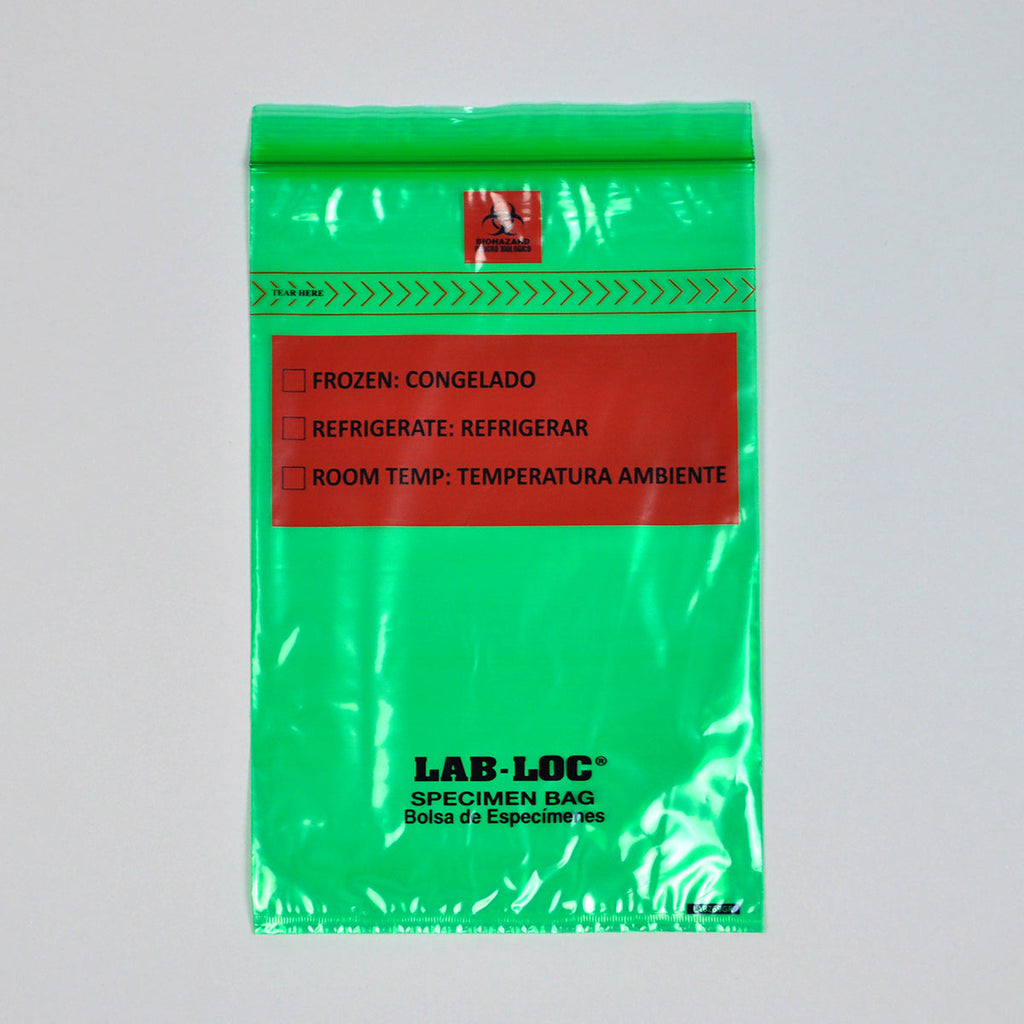 6" x 9" Green Spanish Print, Zipper, removable Biohazard Symbol, Lab-Loc® 1.75 mil LDPE Specimen Bags