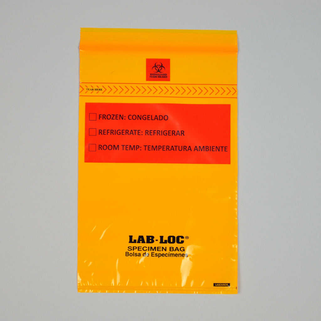 6" x 9" Orange Spanish Print, Zipper, removable Biohazard Symbol, Lab-Loc® 1.75 mil LDPE Specimen Bags