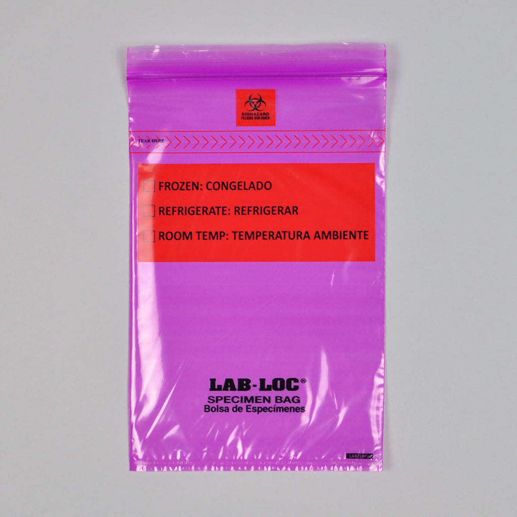 6" x 9" Purple Spanish Print, Zipper, removable Biohazard Symbol, Lab-Loc® 1.75 mil LDPE Specimen Bags