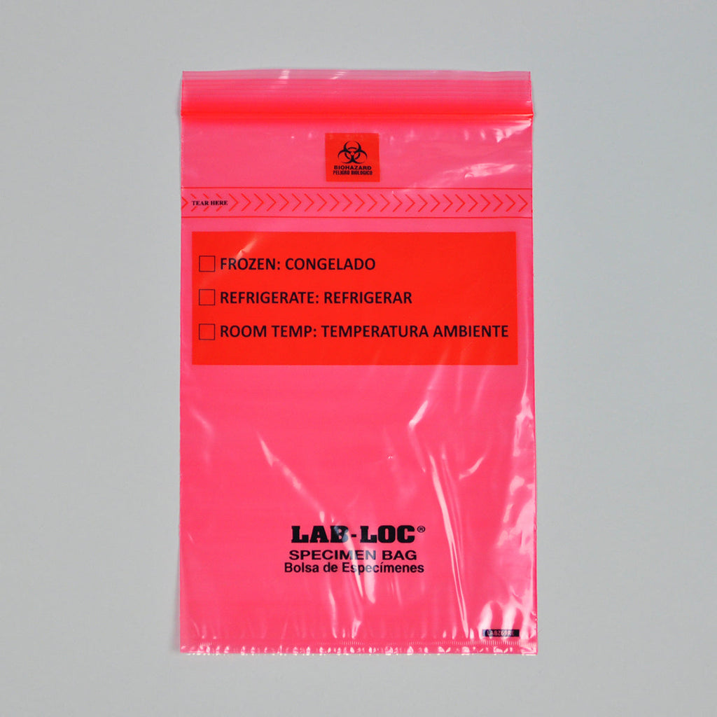 6" x 9" Red Spanish Print, Zipper, removable Biohazard Symbol, Lab-Loc® 1.75 mil LDPE Specimen Bags