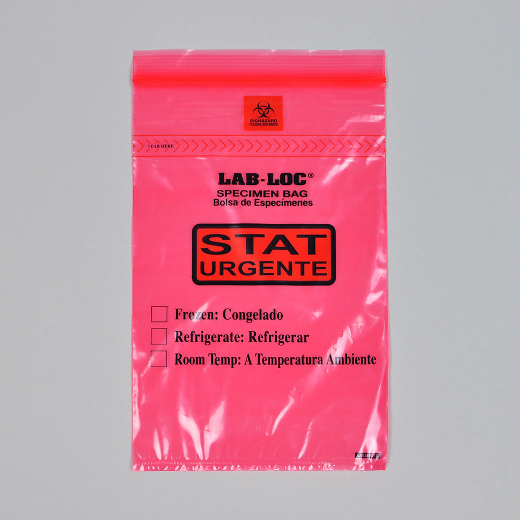 6" x 9" Red Spanish Print, Zipper, removable Biohazard Symbol, Printed "STAT", Lab-Loc® 1.75 mil LDPE Specimen Bags