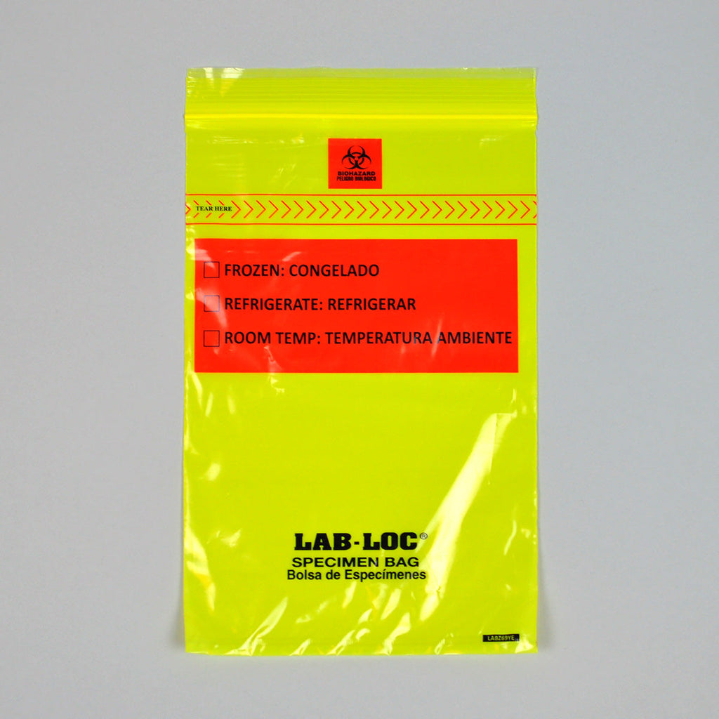 6" x 9" Yellow Spanish Print, Zipper, removable Biohazard Symbol, Lab-Loc® 1.75 mil LDPE Specimen Bags