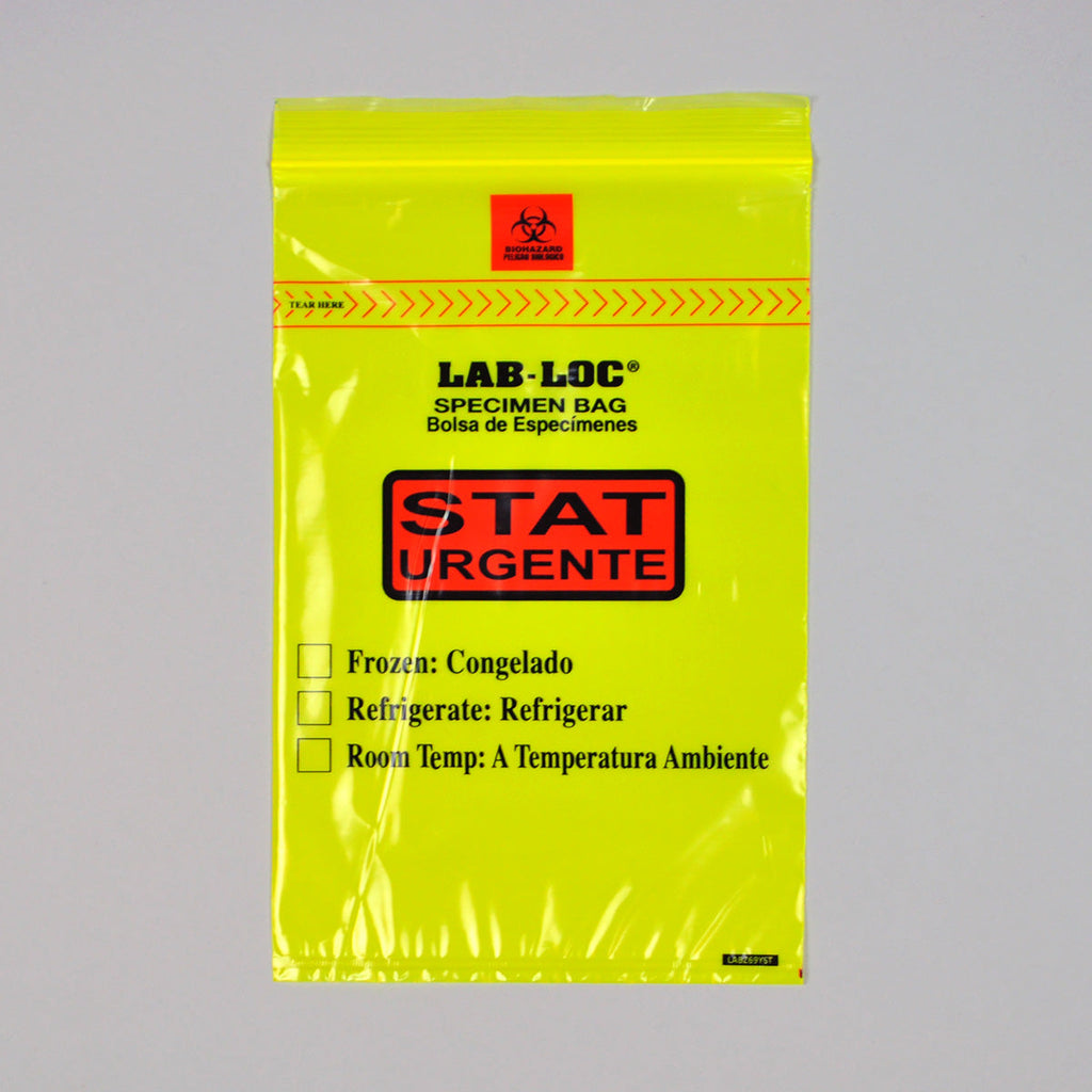 6" x 9" Yellow Spanish Print, Zipper, removable Biohazard Symbol, Printed "STAT", Lab-Loc® 1.75 mil LDPE Specimen Bags