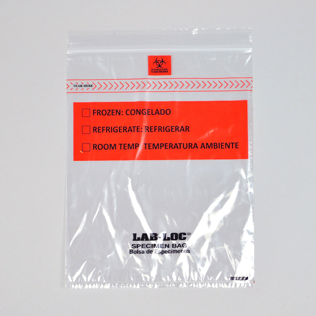 8" x 10" Clear Spanish Print, Zipper, removable Biohazard Symbol, Lab-Loc® 1.75 mil LDPE Specimen Bags