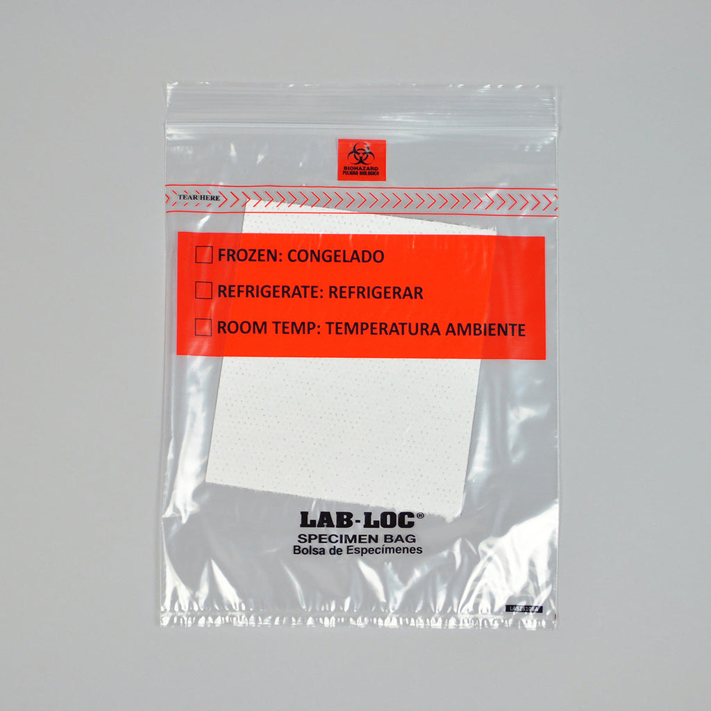 8" x 10" Clear Absorbent Pad, Spanish Print, Zipper, removable Biohazard Symbol, Lab-Loc® 1.75 mil LDPE Specimen Bags