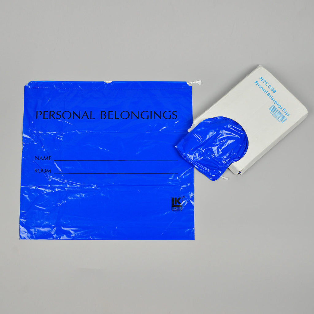 20" x 20 + 3 BG" Blue Patient Identification, Drawstring 1.2 mil LDPE Personal Belongings Bags