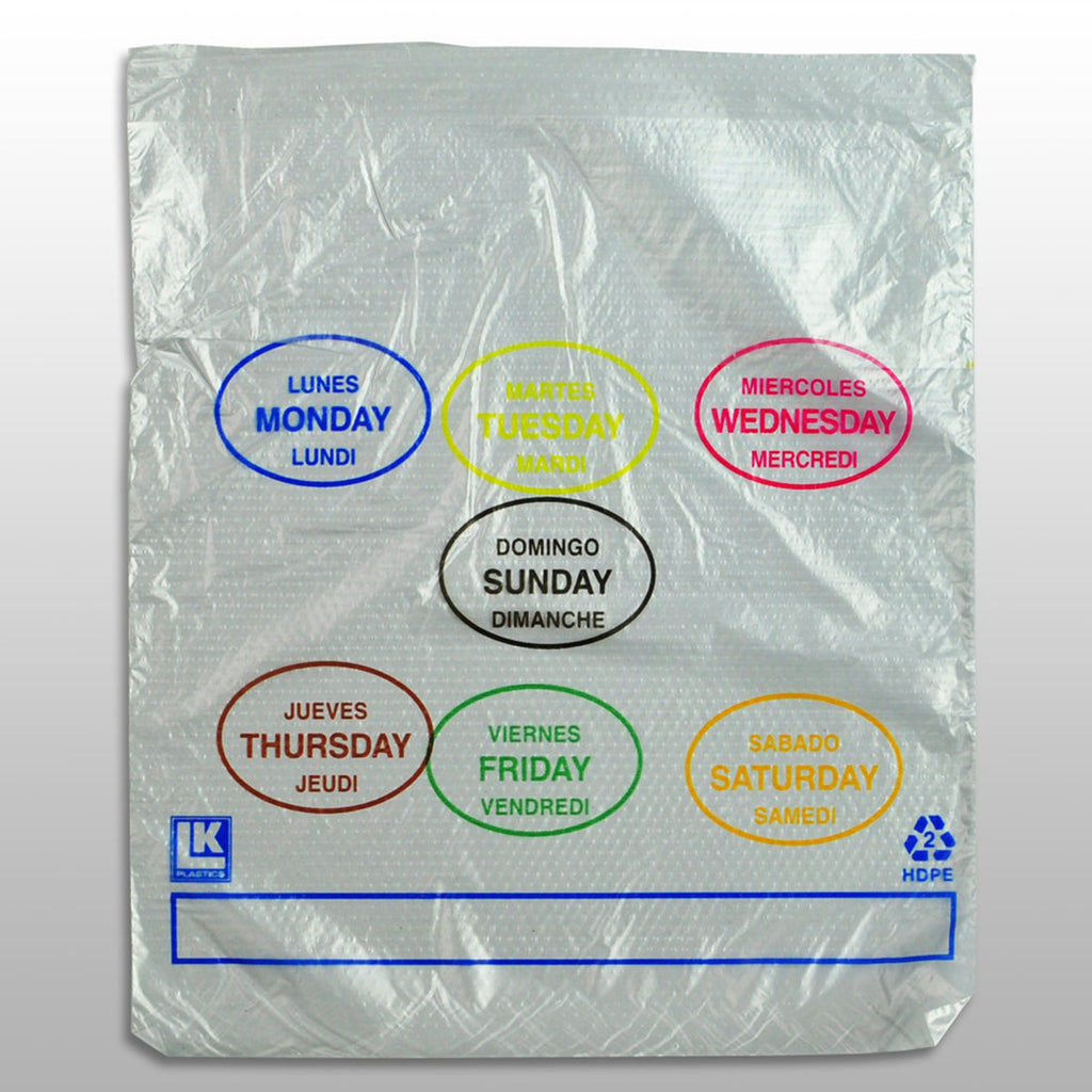 6-1/2" x 7 + 1-3/4 LP + 1-3/4 FB" Clear Spanish Print, Flip Top, Saddle Pack, Printed All Days (7 colors) 0.5 mil HDPE Portion Control Bags