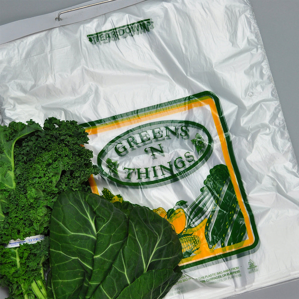17" x 18 + 6 BG + 1-1/2 LP" Clear "Greens 'N Things" Printed, Wicketed, with Vent Holes, 0.6 mil HDPE Produce Bags